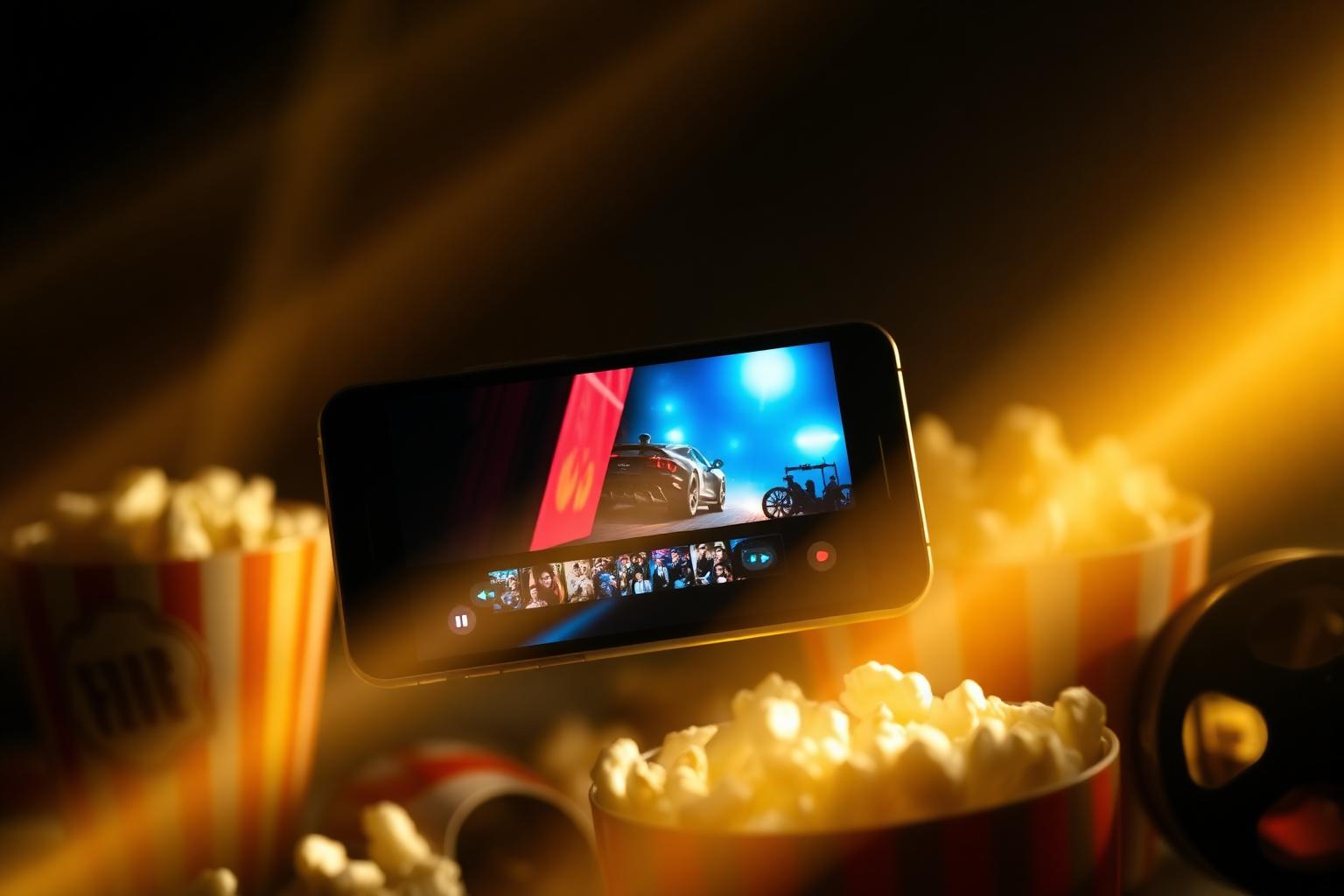 Smartphone playing a movie via Movierulz APK with cinematic gold lighting